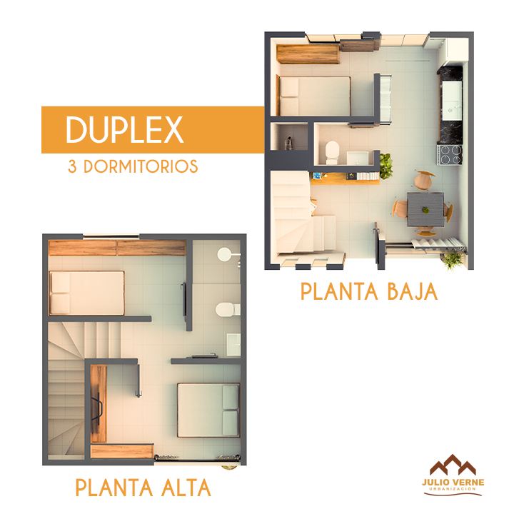 distribución en planta casa duplex de 3 dormitorios Urbanización Julio Verne